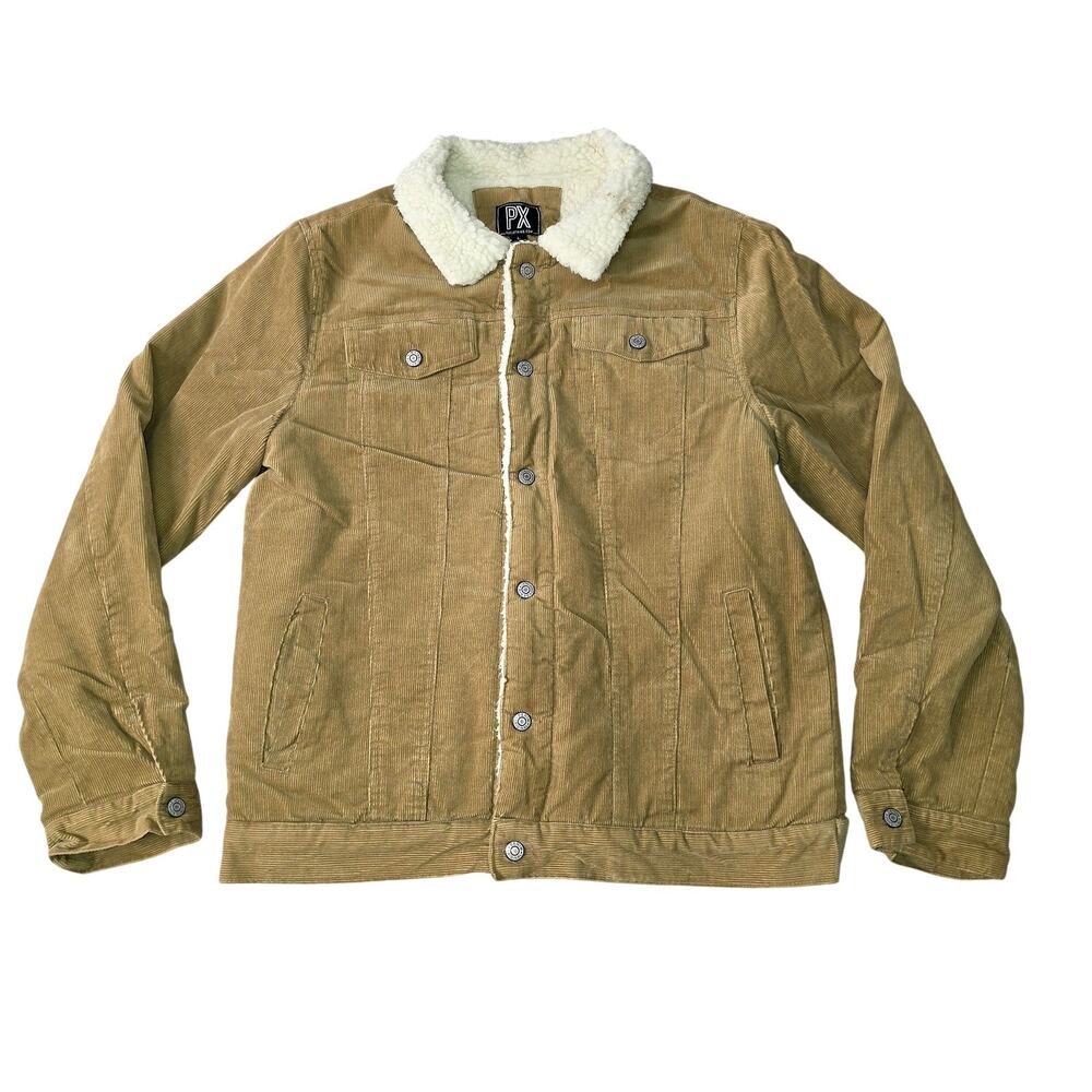 PX Clothing Jacket Mens Large Brown Corduroy Sherpa Lined Snap Front Winter